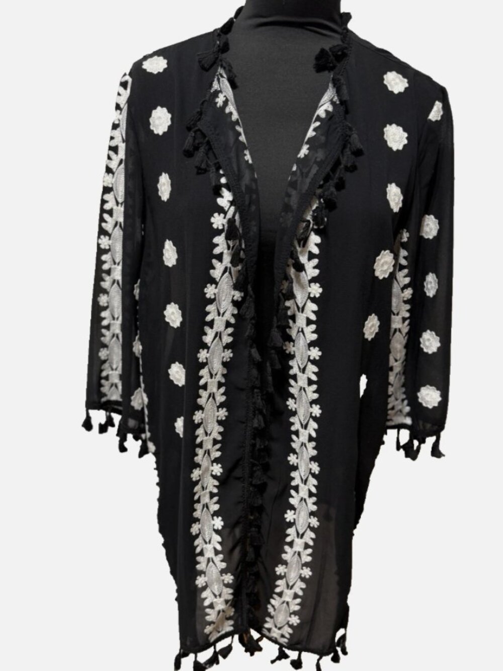 Charlie Page Boho Embroidered Tassel Kimono Cover Up Cardigan Black L/XL
